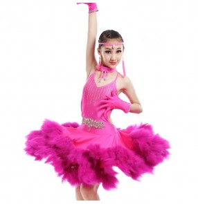 Fuchsia hot pink turquoise blue Ostrich feather diamond rhinestones handmade competition performance girls ballroom latin cha cha dance dresses