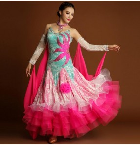 Fuchsia hot pink turquoise lace rhinestones patchwork high quality luxury competition women's ladies competition professional ballroom tango waltz dancing dresses
