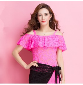 Fuchsia lace sexy fashion dew ruffles neck competition performance women's ballroom latin salsa dance tops blouses