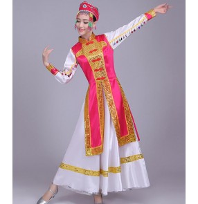 Fuchsia royal blue gold patchwork long length women's minority folk Mongolian dancing cosplay riding dancing dresses robes