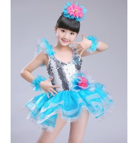 Fuchsia silver turquoise patchwork girls kids children princess modern dance jazz singers ballet dance dresses gowns