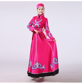 Fuchsia turquoise long sleeves women's ladies Mongolian folk dancing party cosplay minority  performance riding dance dresses robes