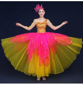 Fuchsia yellow gold patchwork women's ladies modern opening dancing flamenco bull Spanish dancing dancers outfits chorus dresses