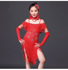 Girls child kids children fuchsia red royal blue fringe tassels rhinestones dew shoulder competition professional latin salsa cha cha dance dresses with choker and gloves