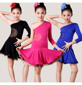 Girls  children child kids fuchsia royal blue black one shoulder long sleeves competition exercises latin dance dresses ballroom dance dresses