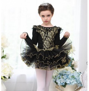 Gold black lace patchwork tutu skirt girls kids children performance leotards ballet dance dresses costumes