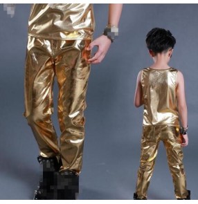 Gold black patent leather glitter paillette long length boys kids children baby competition performance hip hop jazz singer dancing pants trousers