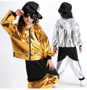 Gold black silver patchwork girls kids child children boys school play modern dance stage performance school jazz dance hip hop dance outfits costumes