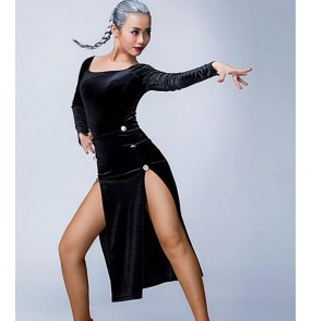 Gold black velvet split sexy fashion competition contest women's ladies fashion sexy latin salsa cha cha dance dresses outfits