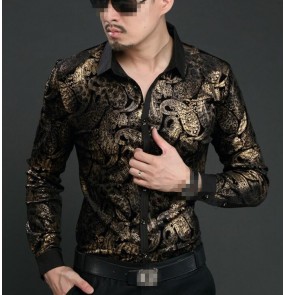 Gold floral printed fashion men's high quality performance long sleeves cosplay photos jazz singer dj night club bar slim dress shirts