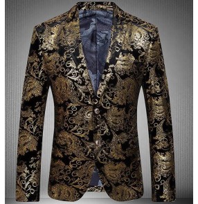 Gold floral printed long sleeves men's fashion stage performance jazz singer dancers wedding prom party cosplay dress blazers coats