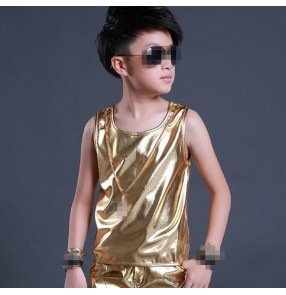 Gold glitter silver stage patent leather performance boys kids children hip hop jazz drummer night club bar contest dancing tops vests