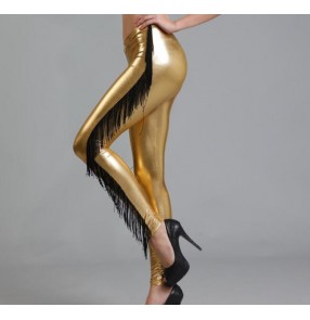 Gold leather elastics women's ladies fashion sexy tight  latin salsa night club cha cha dance performance fringes long pants leggings 