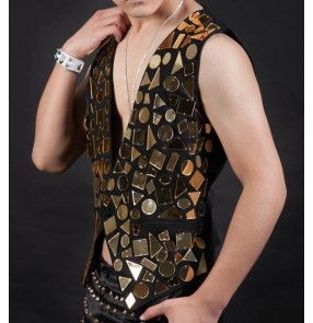 Gold lens black patchwork men's male fashion v neck competition jazz singer dancers performance night club dj punk dancing vests waistcoat 