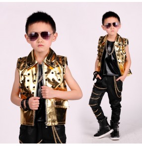 Gold patent leather glitter boys kids children competition modern dance hip hop jazz singer drummer performance dancing waistcoat 
