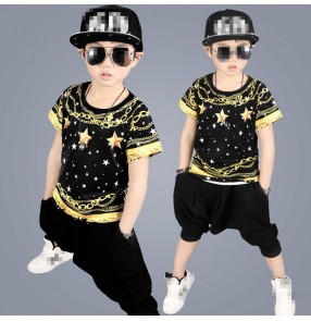 Gold printed black fashion modern dance boys kids children school competition performance hip hop jazz dance costumes outfits