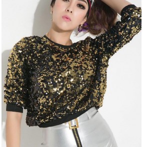 Gold rainbow black sequins glitter paillette women's girls hot dance stage performance hip hop jazz singer party dancing tops shirts