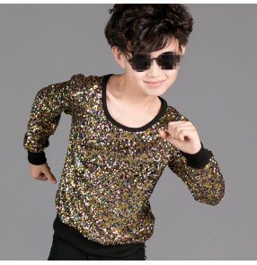 Gold rainbow sequins glitter modern dance long sleeves children kids baby school competition hip hop jazz drummer ds dancing tops t shirts