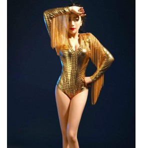 Gold rhinestones rivet competition performance sexy fringes women's girls jazz singers dancers masquerade dancing outfits bodysuits