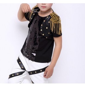 Gold rivet black patent leather fashion boys kids children school competition performance jazz singer drummer hip hop dancing capes armors waistcoat 