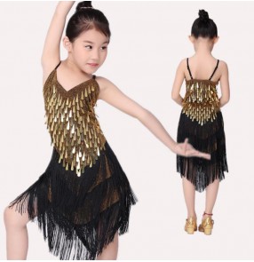Gold sequins black patchwork sleeveless sexy backless girls kids children stage performance competition fringes latin salsa dance slip dresses