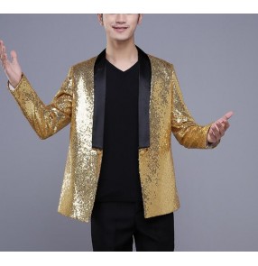 Gold sequins glitter fashion men's male competition stage performance party cosplay singer night club ds jazz pole dance blazers tops