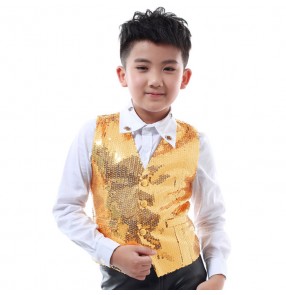 Gold sequins glitter shiny paillette boy kids children student school competition jazz singers dancers drummers magician cosplay dance vests waistcoats