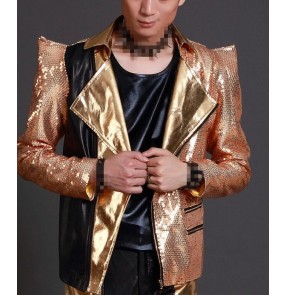 Gold sequins long sleeves shrug shoulder fashion men's male night club bar performance singer jazz dj dancing jacket blazers