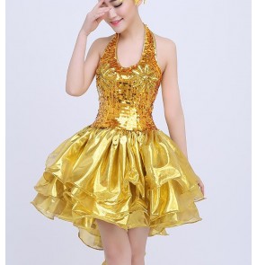 Gold sequins paillette glitter girls women's ladies sexy performance modern dance jazz singer ds dj prom cocktail  party  dancing dresses outfits clothes