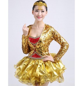 Gold sequins paillette glitter modern dance long sleeves fashion women's jazz singer dancers party competition dance dresses clothes