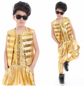 Gold silver 3in1 vest waistcoats harem pants glitter boys school drummer show competition hip hop jazz dance costumes outfits