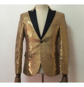 Gold silver black patchwork sequins paillette fashion long sleeves men's male competition night club bar performance dancing jazz singer party dance blazers jackets coats