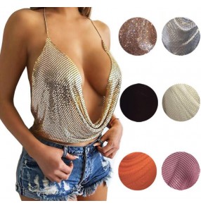 Gold silver black sequins paillette halter neck backless sexy fashion women's girls jazz singer performance club bar dance tank tops vests 