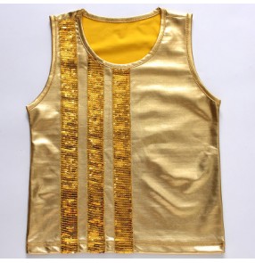 Gold silver glitter sequins patchwork boys kids children modern dance jazz singers hip hop dance vests tops