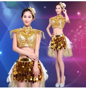 Gold yellow sequins paillette coins fashion women's girls modern dance ds dj singer hip hop dance outfits costumes dresses