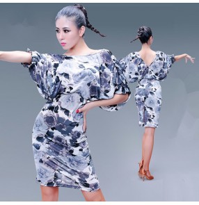 Gray printed floral loose short sleeves v neck competition women's ladies exercises  salsa cha cha dance dresses outfits costumes