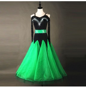 Green black patchwork long mesh sleeves rhinestones competition women's adult ballroom tango dance dresses