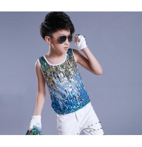 Green blue gradient colored sequins paillette boys kids children baby jazz singer bar ds drummer school competition dance vests tops