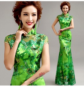 Green embroidery pattern side split long length women's chinese style wedding evening party cocktail cheongsam dresses