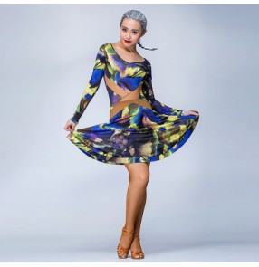 Green floral printed long sleeves back cross belt competition stage performance women's girls salsa latin cha cha dance dresses