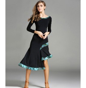 Green floral printed ribbon black long sleeves irregular hem competition stage performance latin salsa cha cha dance leotards dresses