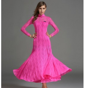 Green fuchsia hot pink blue long sleeves lace sexy fashion women's ladies competition ballroom tango waltz dancing long dresses