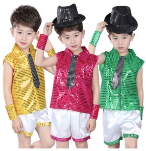 Green gold turquoise yellow red fuchsia sequins paillette boys kids children modern dance competition jazz dance outfits