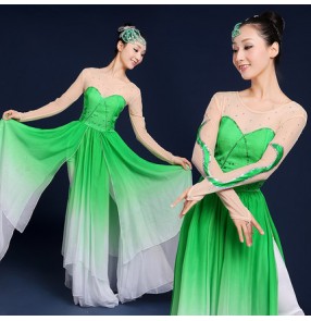 Green gradient colored long sleeves rhinestones women's ladies chinese folk yangko fan competition traditional fairy dancing dresses costumes