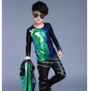 Green gradient  long sleeves patchwork boys kids children performance competition jazz competition singer drummer tops t shirts