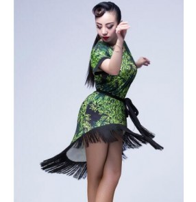 Green leaves printed fringes black patchwork short sleeves girls women's loose style competition latin salsa dance dresses