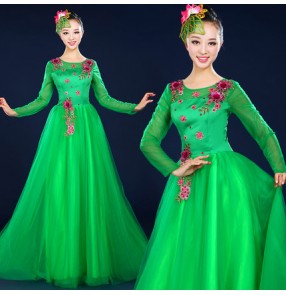 Green light blue purple long length women's Chinese folk yangko modern chorus performance fan dance dancing dresses costumes outfits