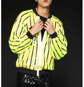 Green light blue sequins striped paillette long sleeves men's male performance jazz singer night club hip hop dancing tops jackets