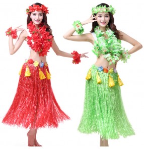 Green orange red blue yellow colored women's adult flowers hawaii beach fancy dancing cosplay dancing hula grass dance skirts dresses