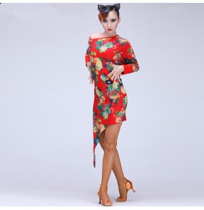 Green red floral rose printed flower inclined neck asymmetrical hem women's fashion competition latin salsa rumba cha cha dance dresses